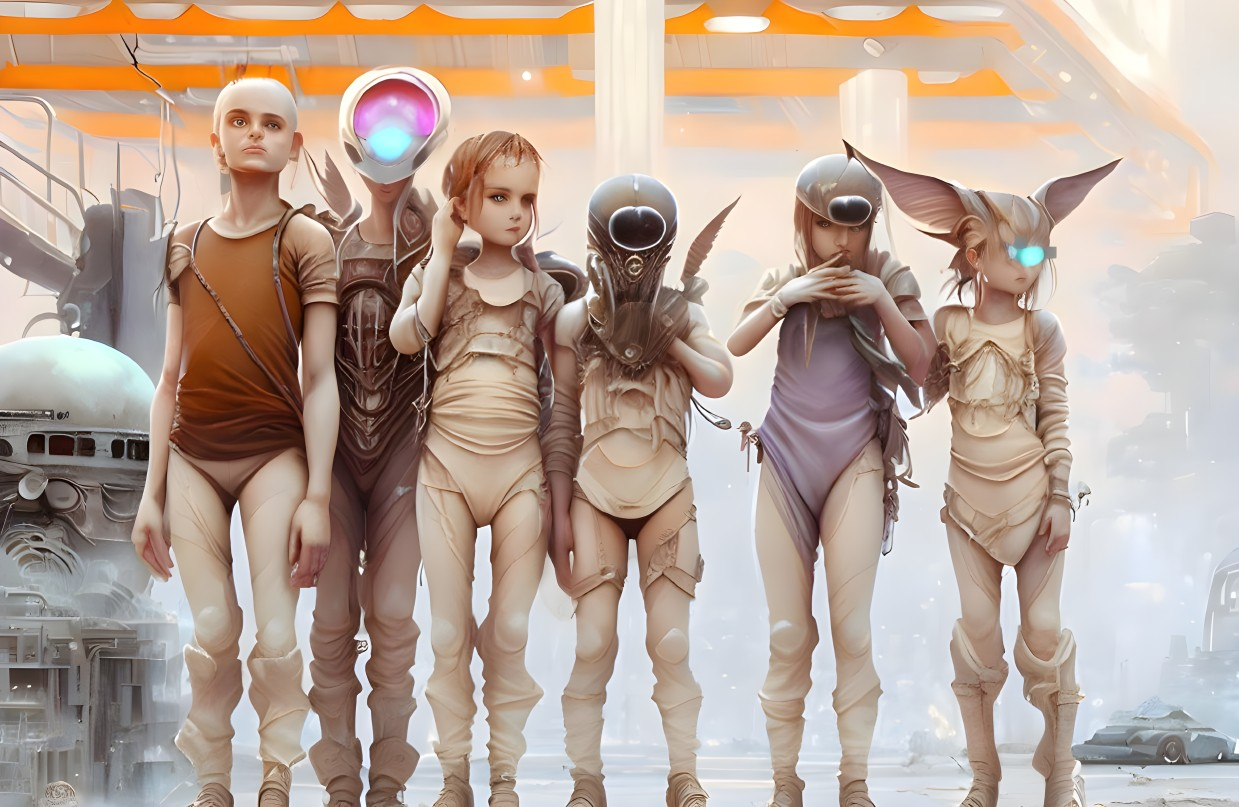 Group of diverse futuristic characters against sci-fi cityscape