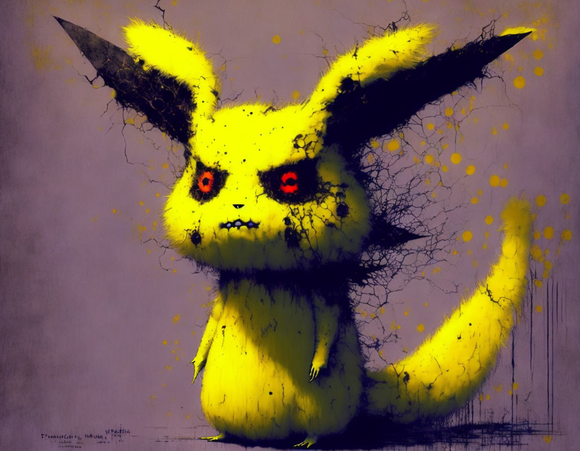 Dark Pikachu with red eyes and rough, yellow fur on moody purple background