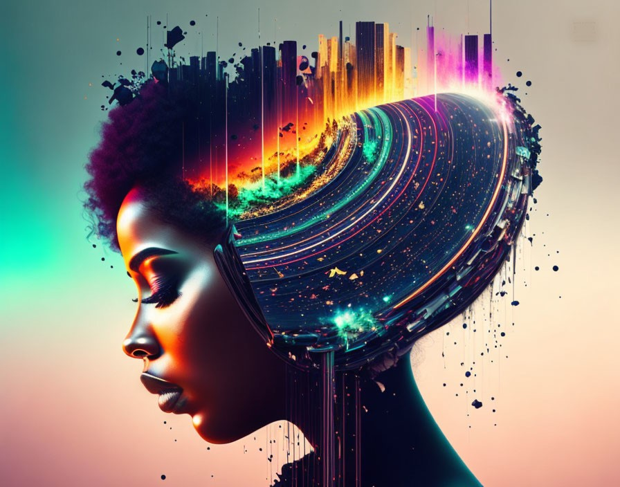 Woman's Afro transitions into vibrant cosmic cityscape with splashes of color