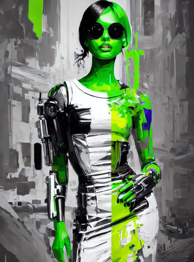 Female android portrait with cybernetic arm in white dress and sunglasses