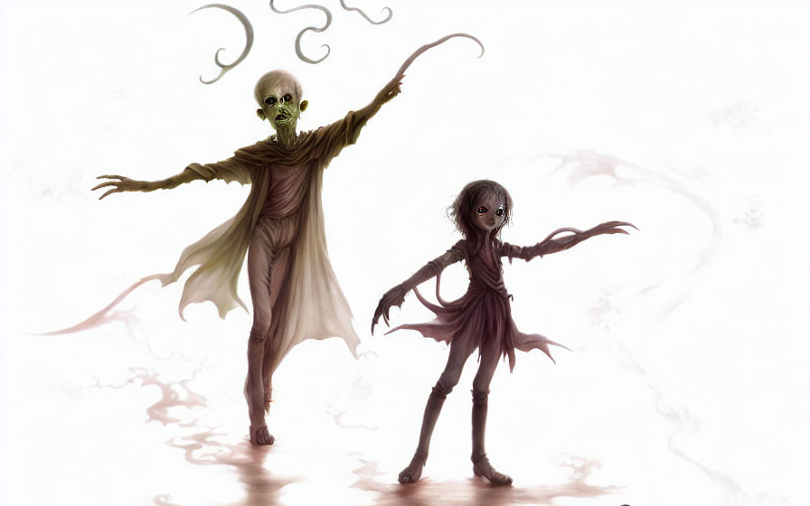 Ethereal fog surrounds two eerie, slender figures with elongated limbs.