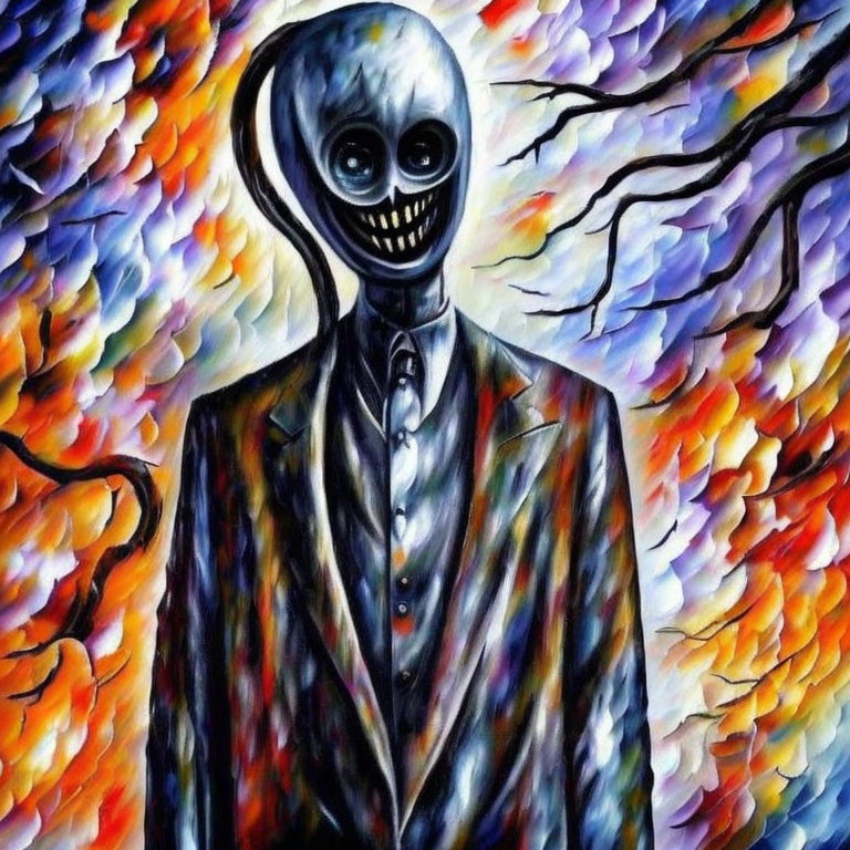 Skeleton-headed figure in suit against vibrant, swirling backdrop reminiscent of Van Gogh.