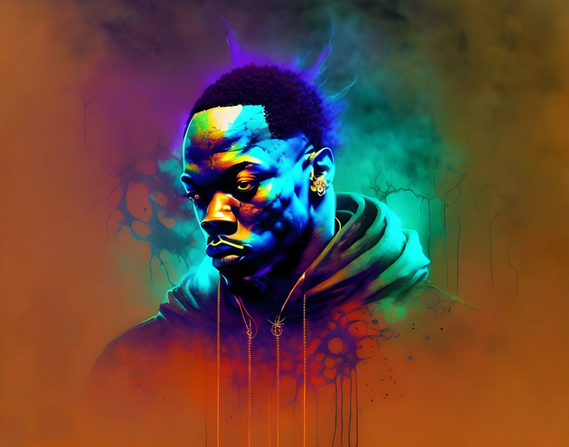 Person in Blue and Orange Hues with Smoky Abstract Background