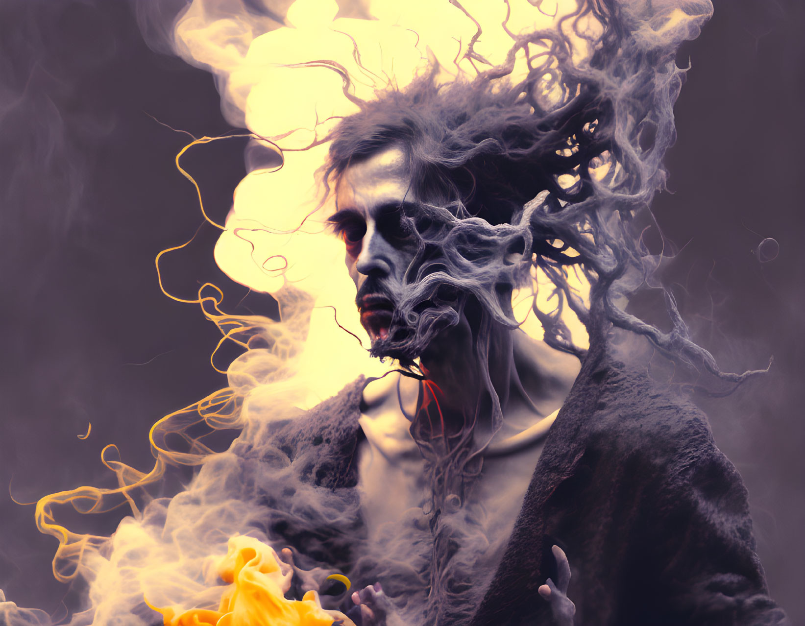 Intense-eyed person in swirling, colorful smoke portrait