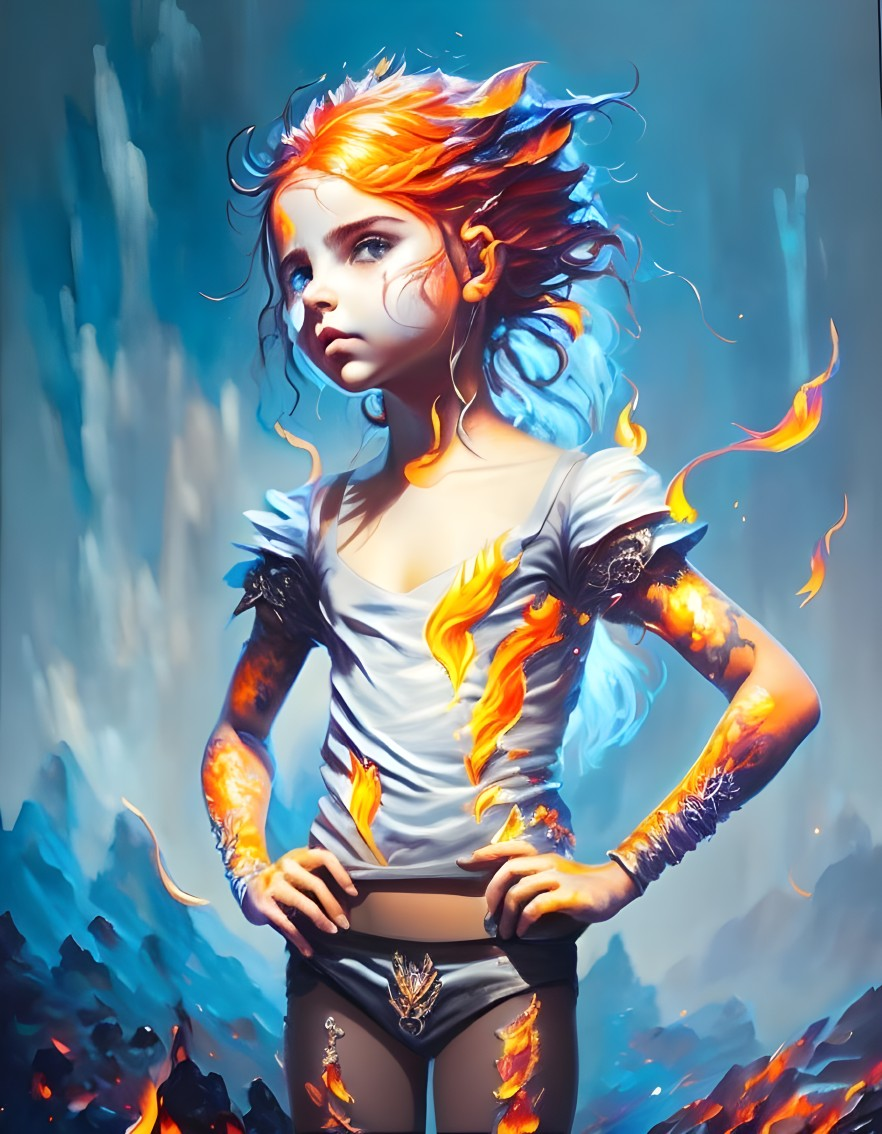 Fiery orange-haired girl with flames in digital artwork