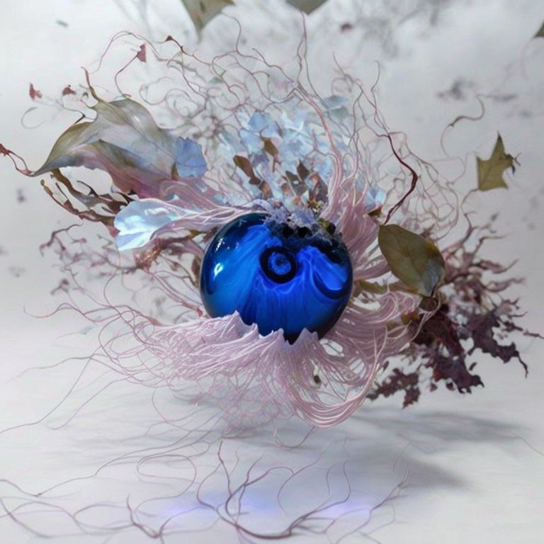 Blue orb intertwined with pink fibrous structures and leaves in surreal artwork