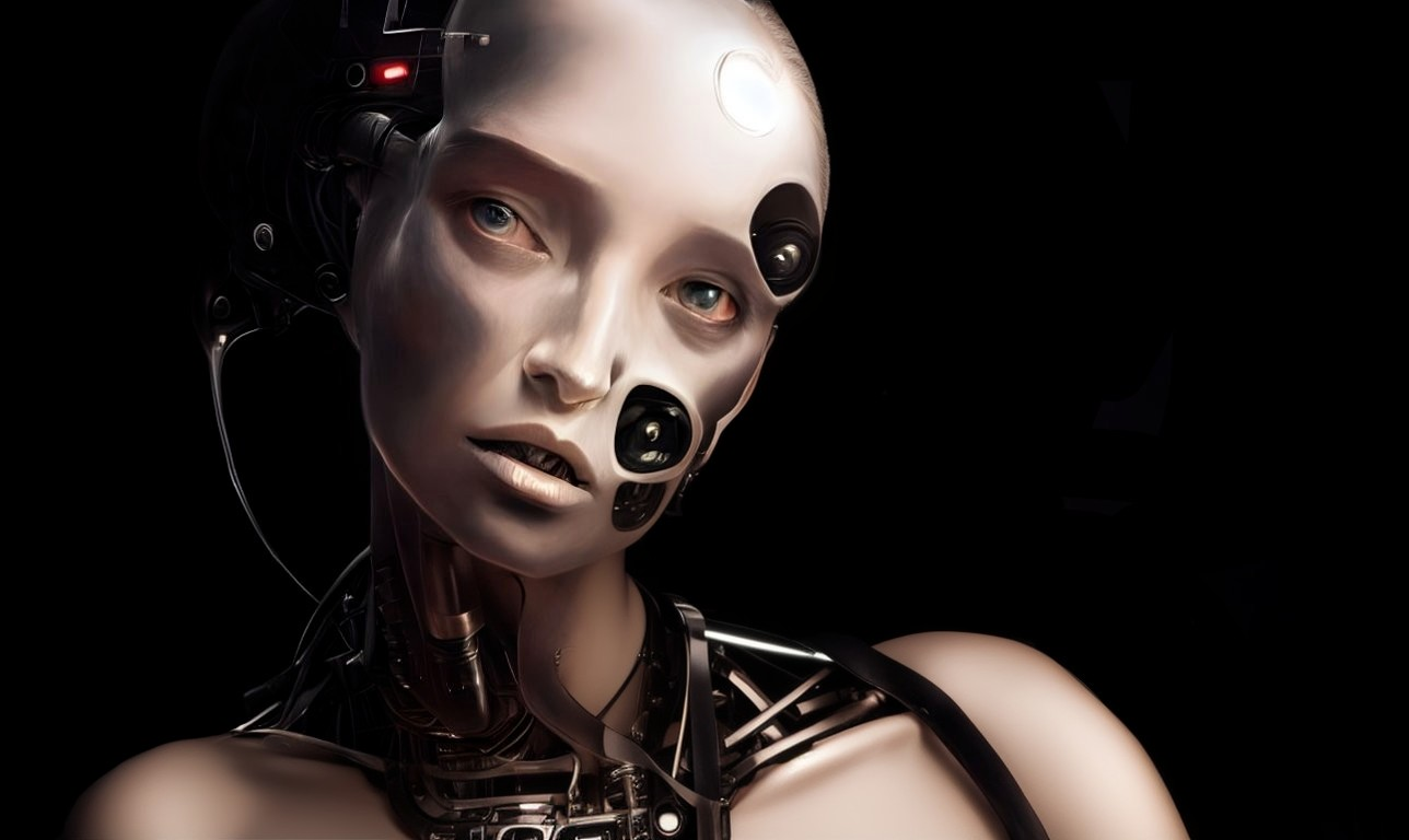 Detailed humanoid robot with realistic face and futuristic earpiece on dark background