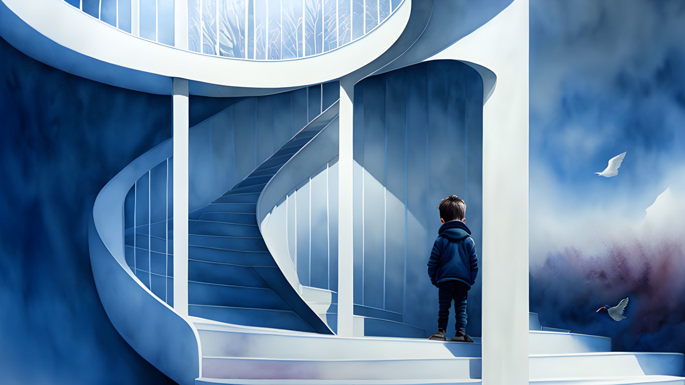 Child on Modern Spiral Staircase in Blue Toned Environment