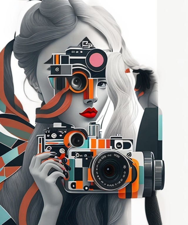 Stylized illustration of a woman with camera face in grayscale and vivid colors