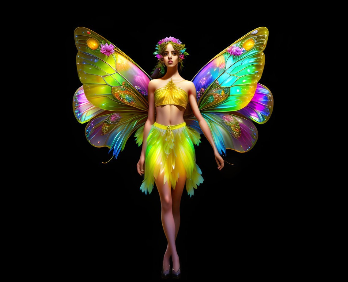 Colorful butterfly costume with flower crown against black background