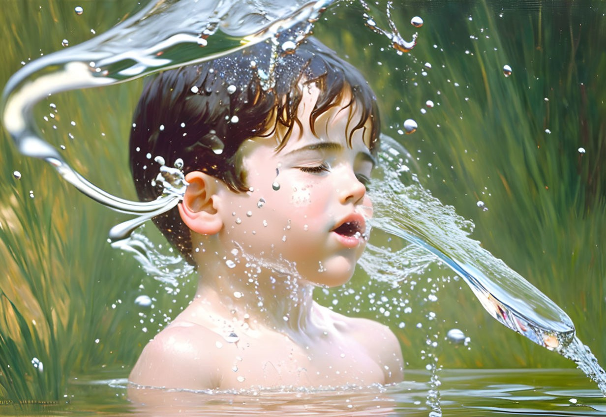 Child splashed with water in serene green setting