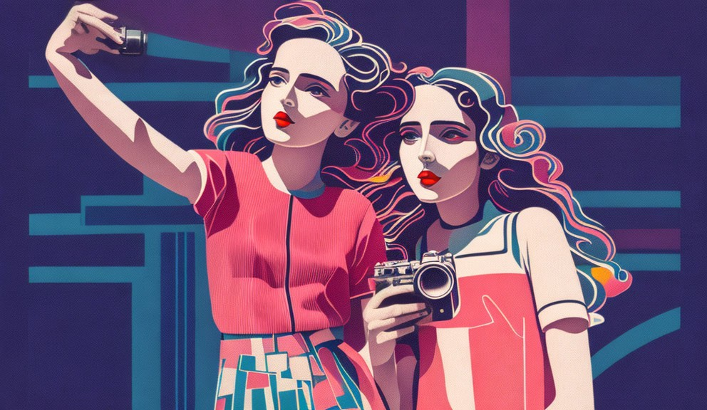 Stylized women posing with smartphone and camera against colorful geometric backdrop