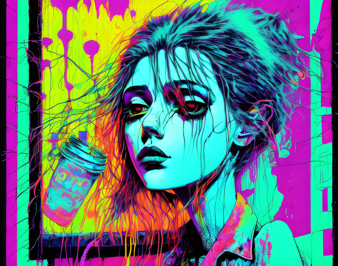 Neon-colored artwork of woman with paint cup on abstract background