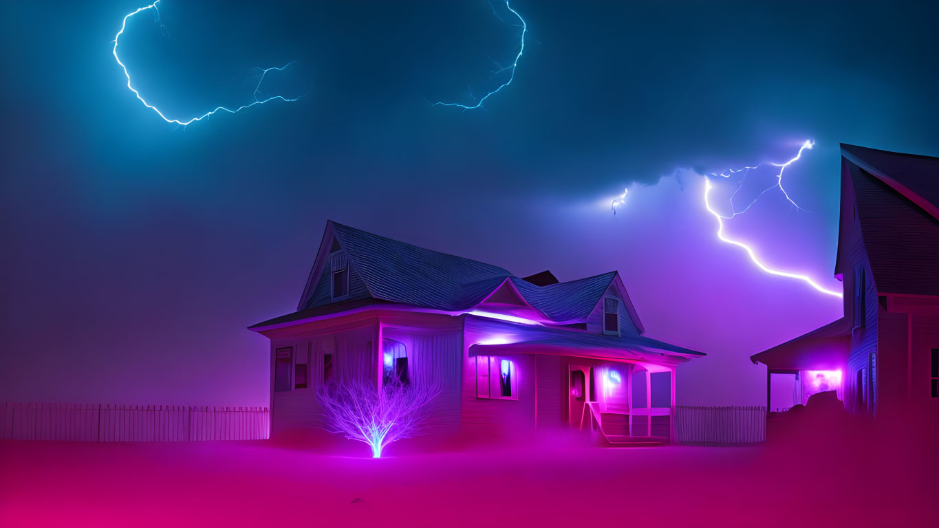 Surreal neon-lit sky with purple lighting and blue lightning bolts