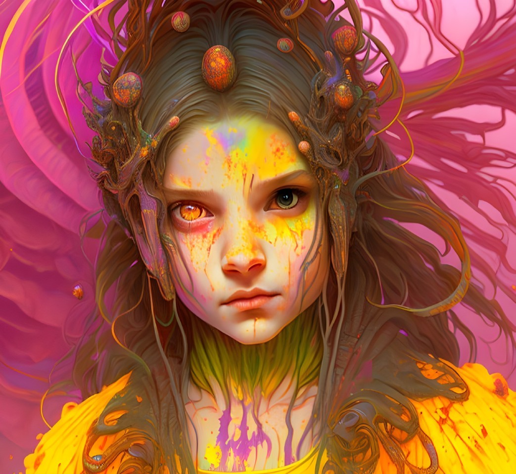 Vibrant digital painting of a young girl with organic ornaments