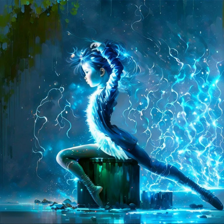 Colorful digital artwork: Ethereal blue girl on stump with glowing energy strands.