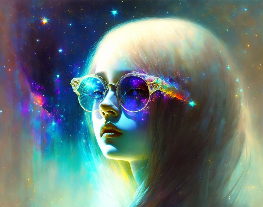 Surreal portrait of a person with reflective sunglasses in cosmic setting