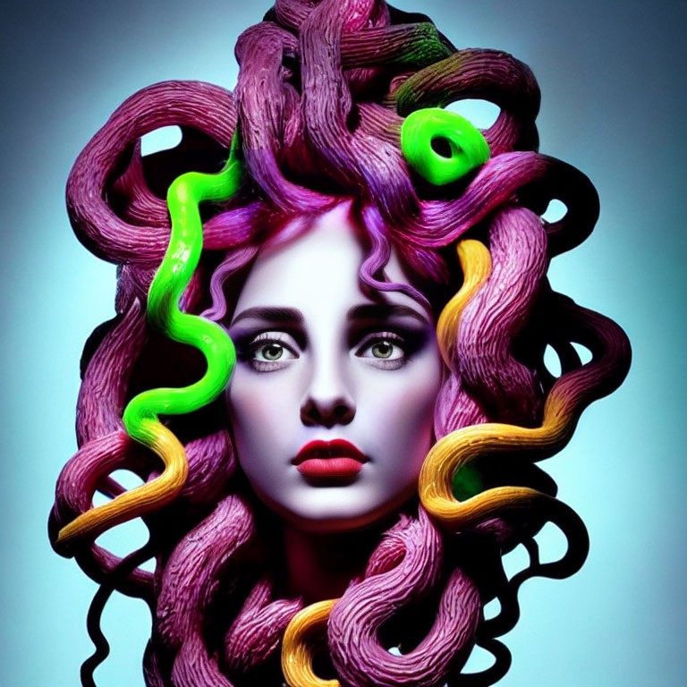 Colorful Snake-Like Hair Woman with Red Lips on Blue Background