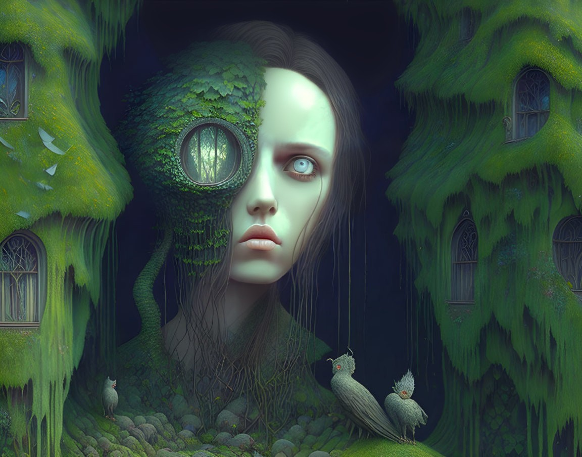 Surreal artwork of woman's face merging with mossy tree and birds