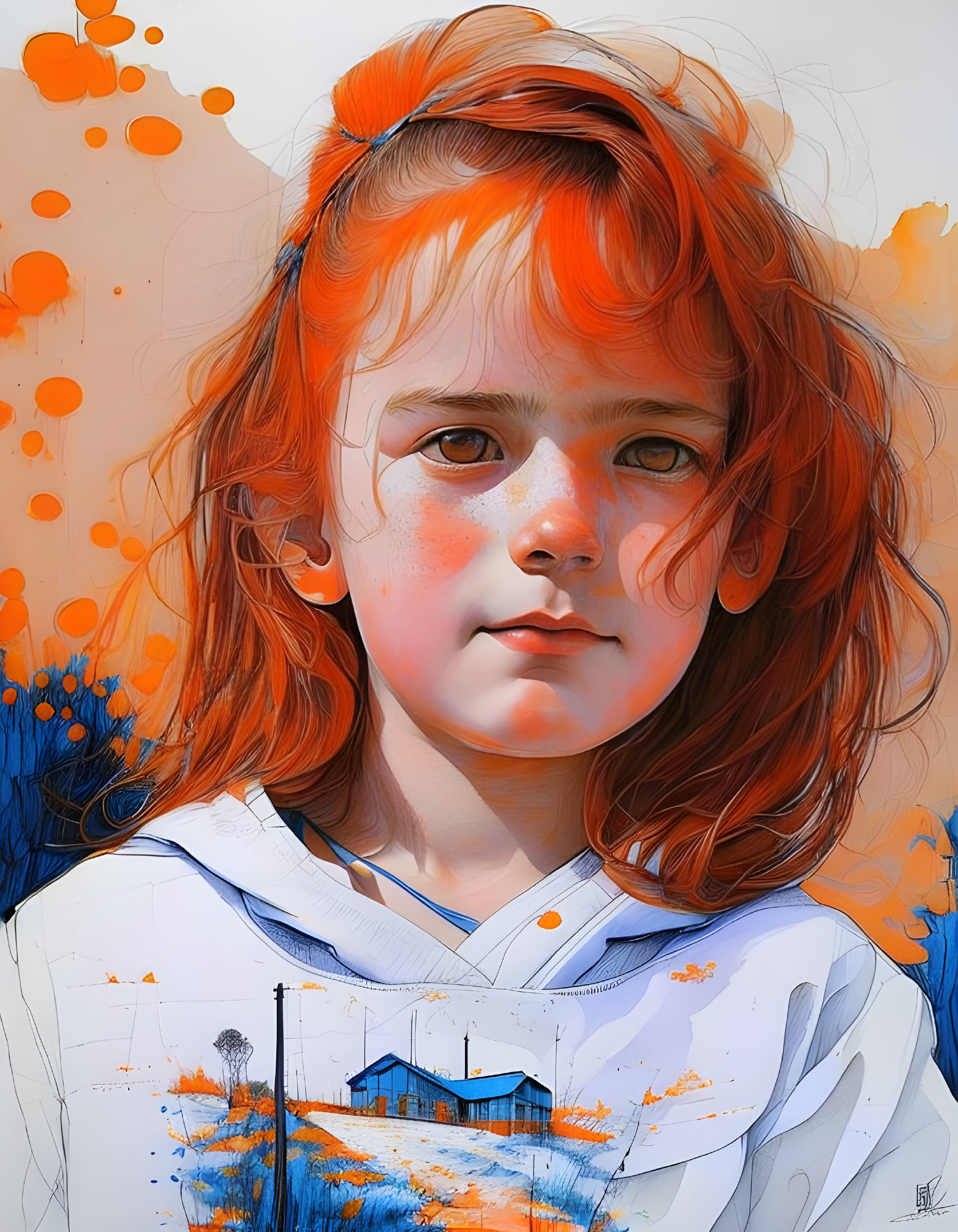 Portrait of a young girl with red hair and orange splashes, white shirt, small house.