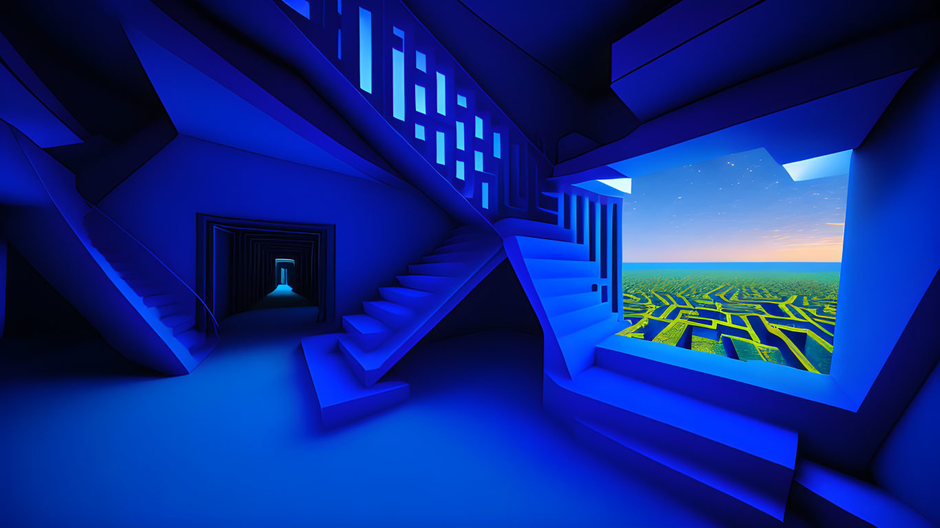 Surreal blue-lit interior with geometric stairs and shapes opening to starry sky view above maze