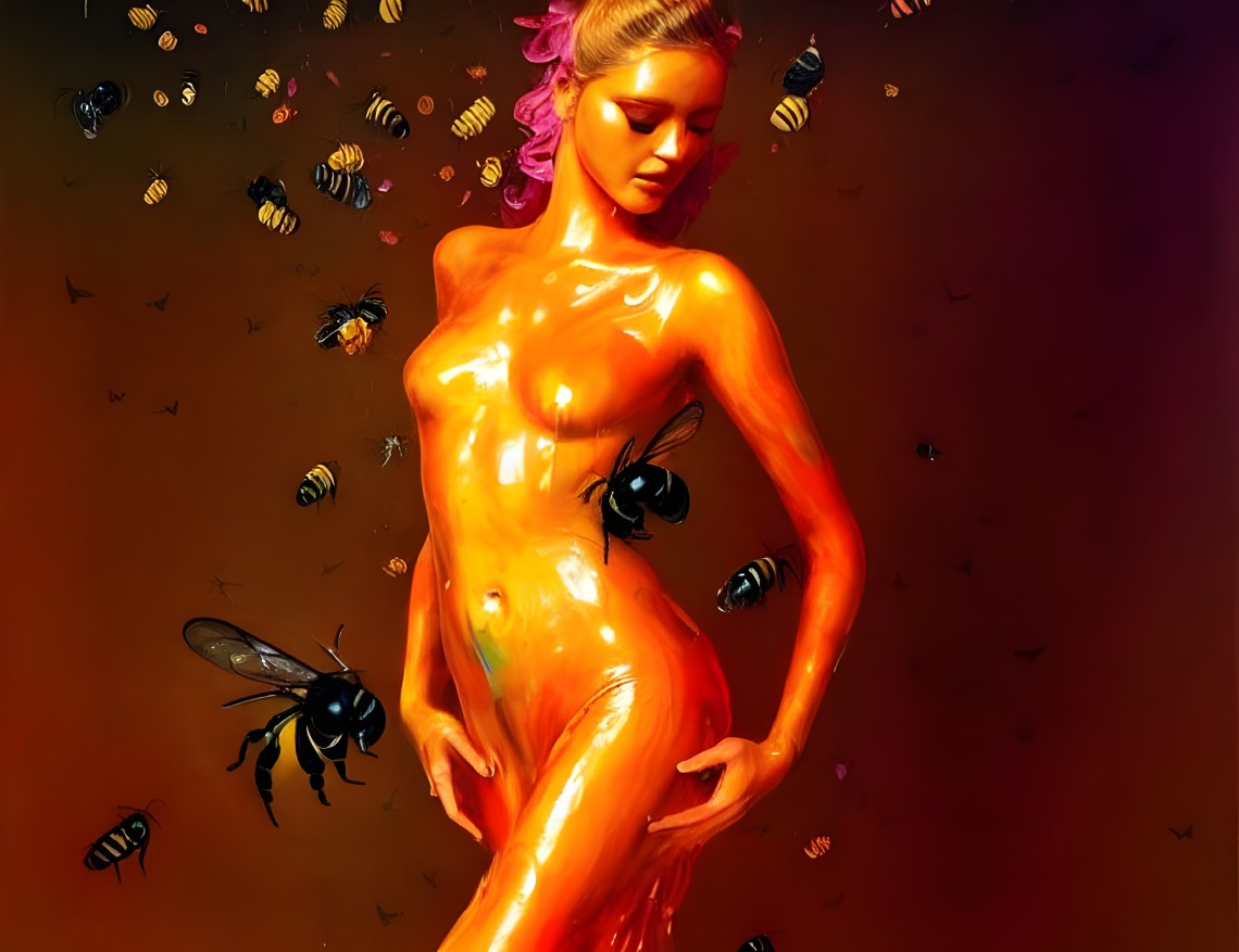 Surreal Art of Woman Covered in Glossy Orange Substance