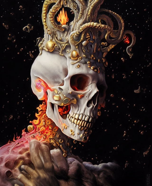 Stylized skull painting with horns and flames on dark background