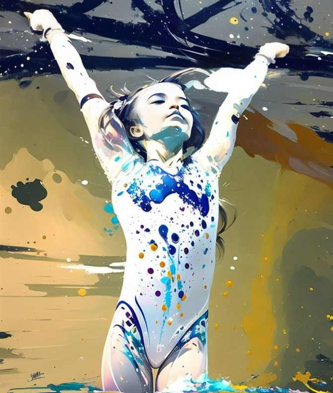 Colorful painting of a gymnast in action on vibrant backdrop