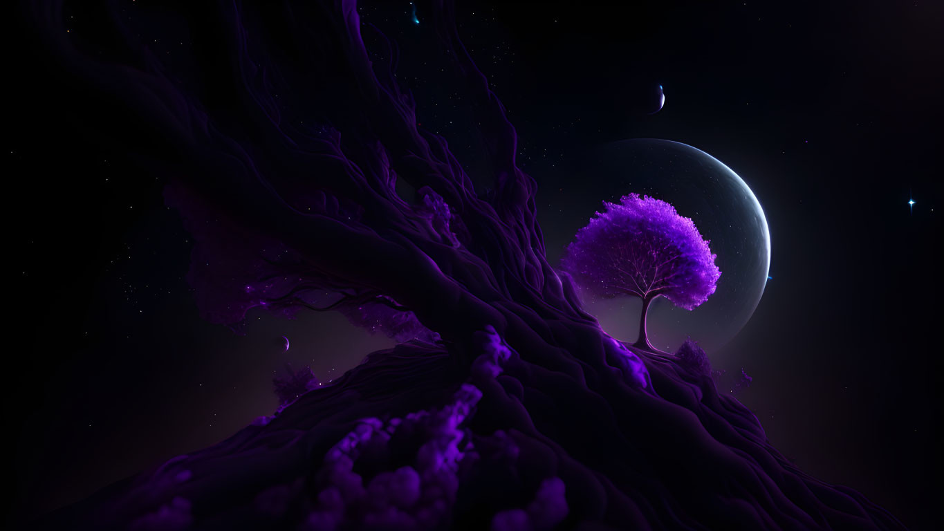 Digital Art: Purple Tree with Glowing Canopy in Night Sky