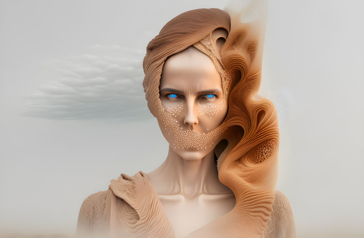 Abstract sculpture with wavy textures, pale skin, blue eyes, and dotted patterns