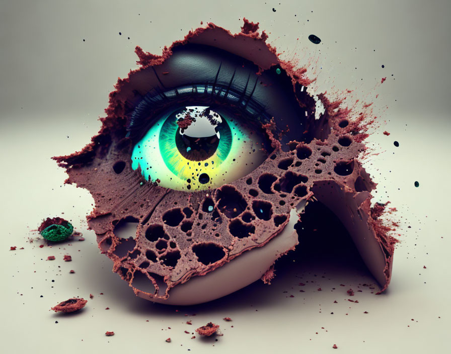 Hyper-realistic eye emerging from exploding chocolate with vivid colors.