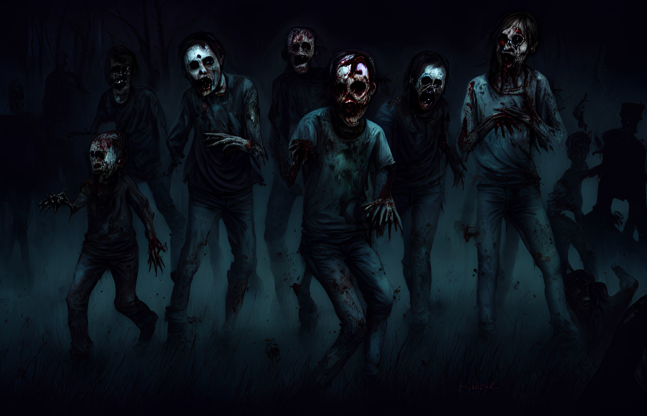 Horror-themed zombie group under dark night sky