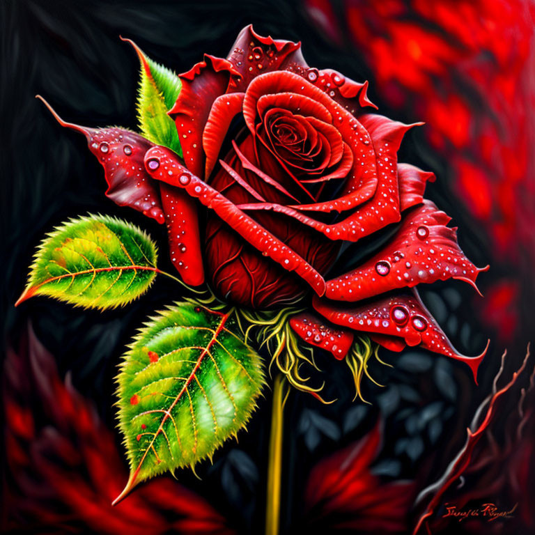 Vibrant Red Rose with Dewdrops on Dark Background