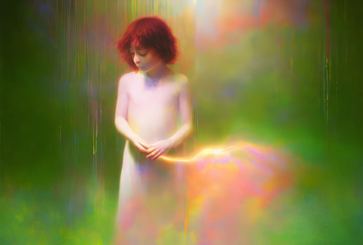 Person with Short Red Hair in Mystical Forest with Glowing Hands