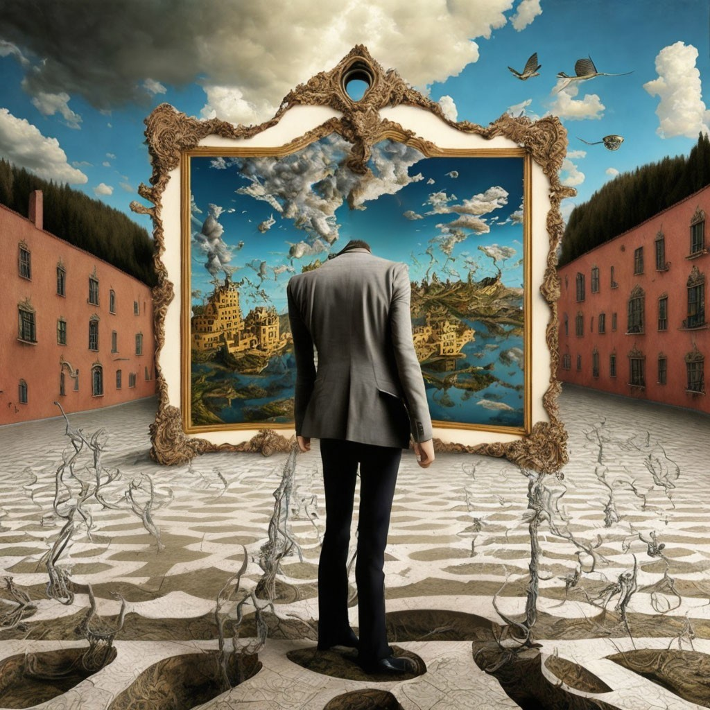 Man in suit gazes at ornate frame with vibrant cityscape, surreal sky.