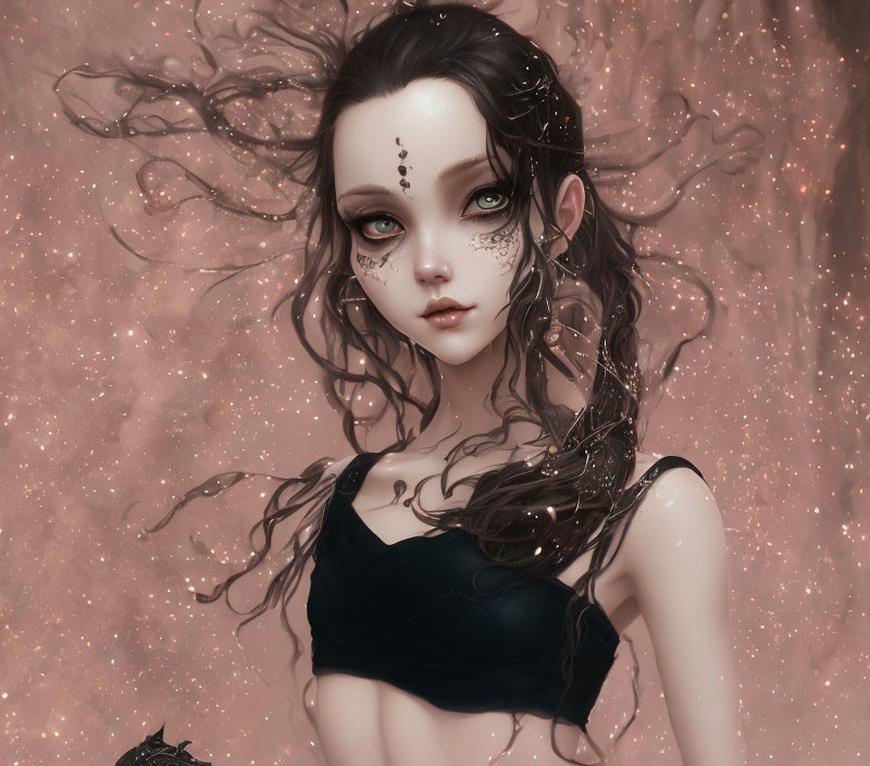 Fantastical girl with dark hair and intricate facial markings on pink backdrop