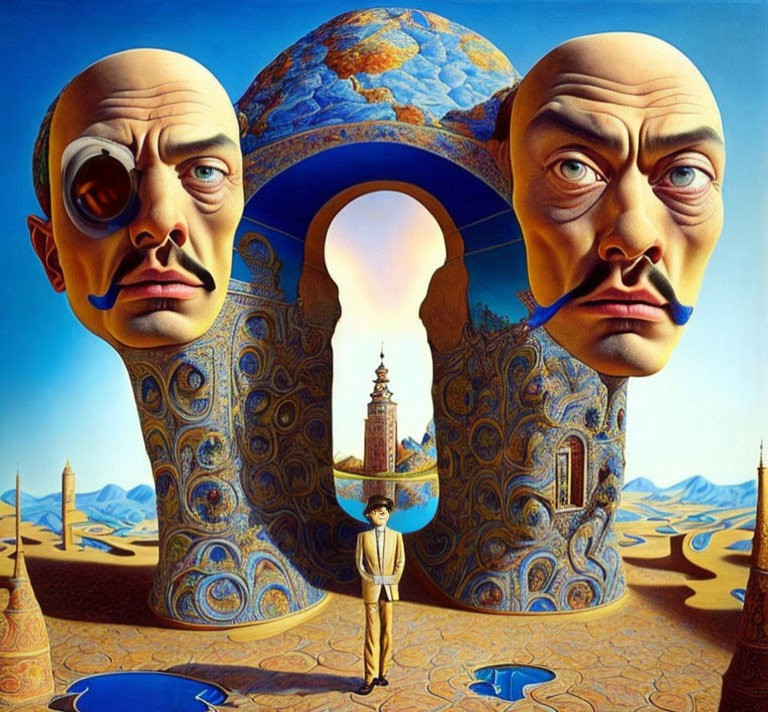 Surrealistic painting with central archway and male faces in desert landscape