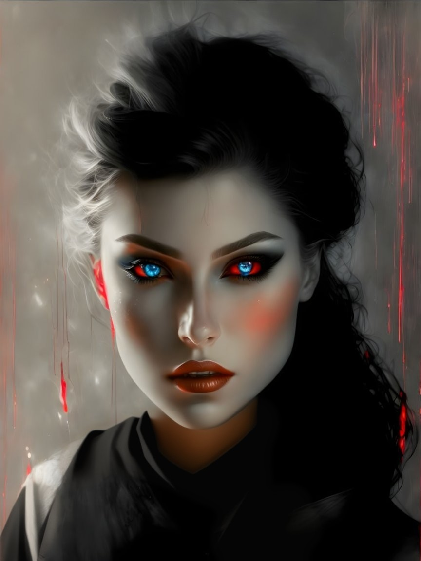 Portrait of a woman with blue eyes, dark hair, and red accents