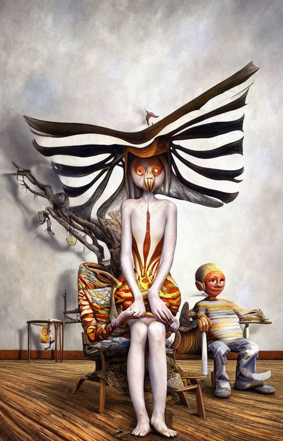 Surreal painting of humanoid figure with bird features and masked child on wooden floor