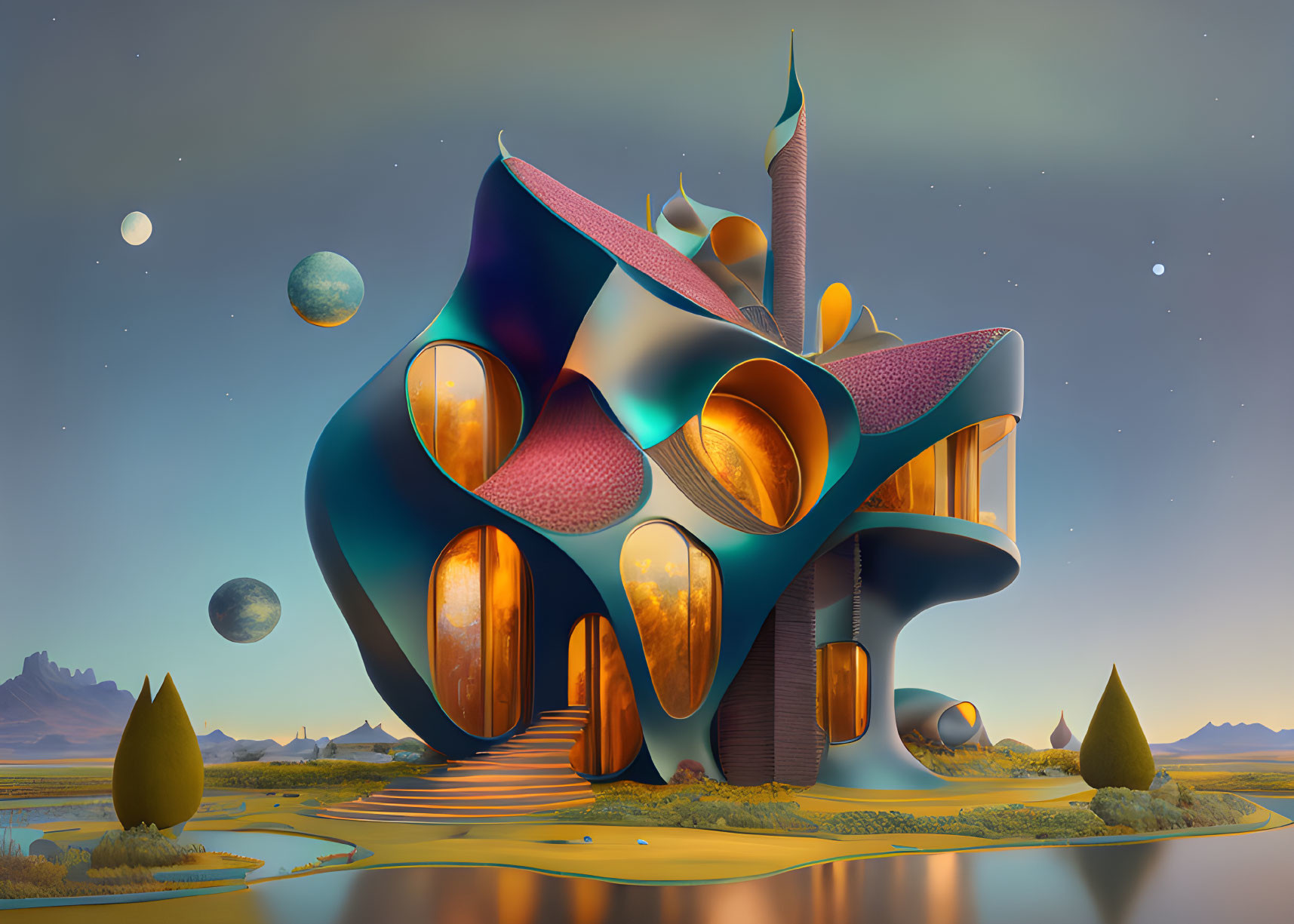 Futuristic organic-shaped building in vibrant colors on desert landscape