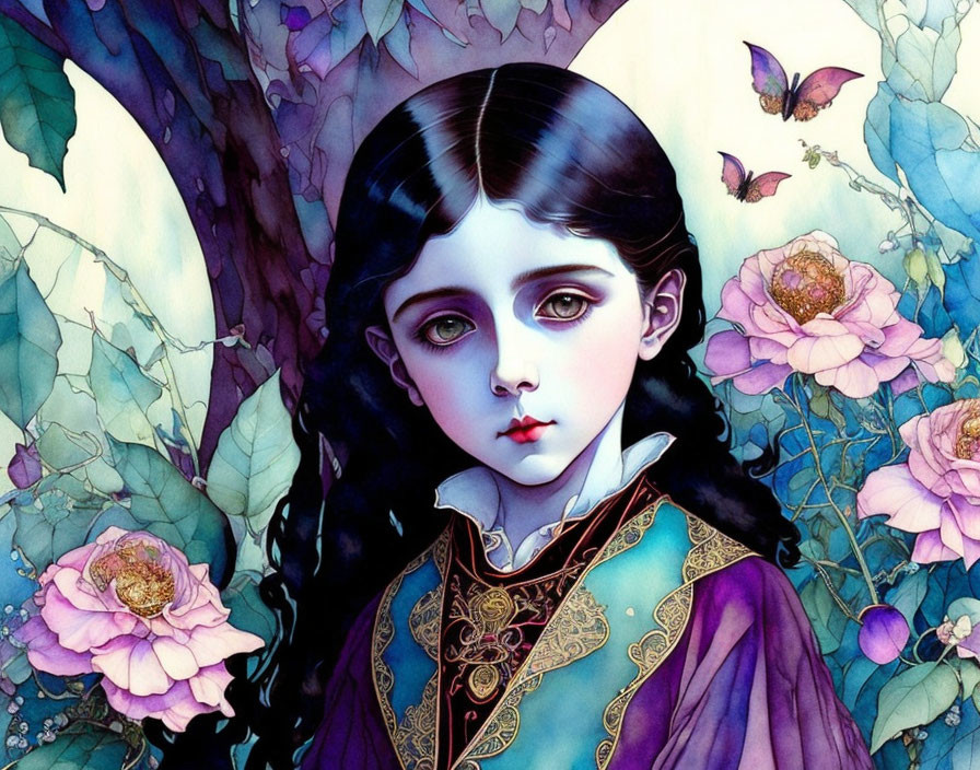 Dark-haired girl in gothic fantasy setting with pink flowers and blue butterflies