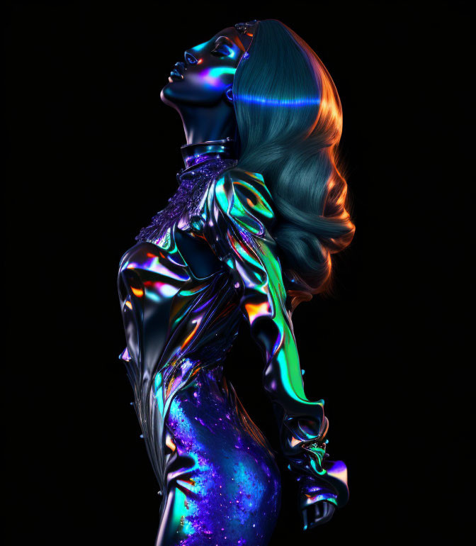 Colorful 3D rendering of woman with iridescent skin and blue lips