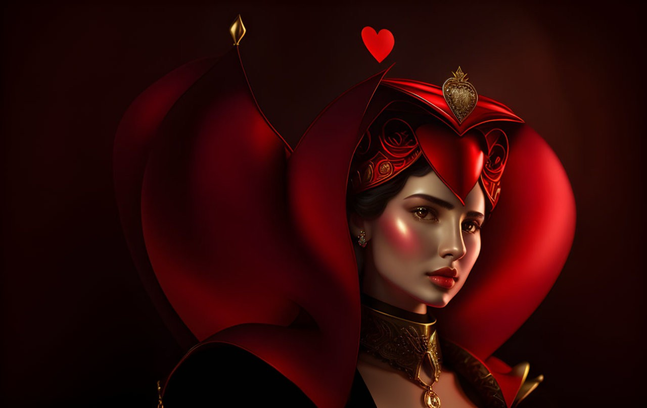 Digital art: Woman in regal attire with heart-shaped elements and crown on dark backdrop.