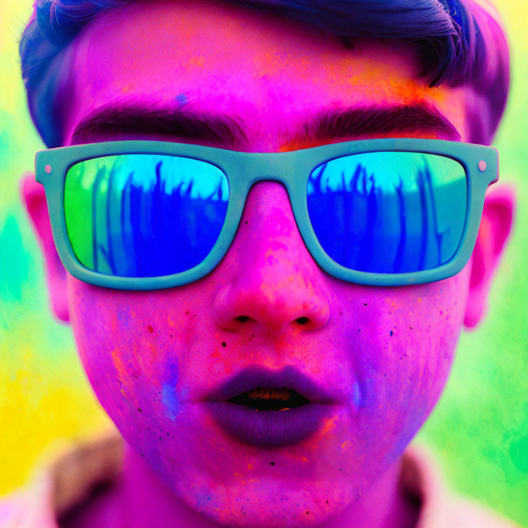 Close-up Portrait of Person with Neon Face Paint and Turquoise Sunglasses