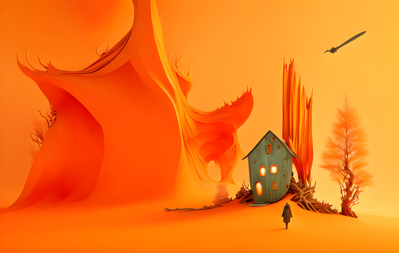 Orange surreal landscape with whimsical house, abstract trees, figure, and flying creature.