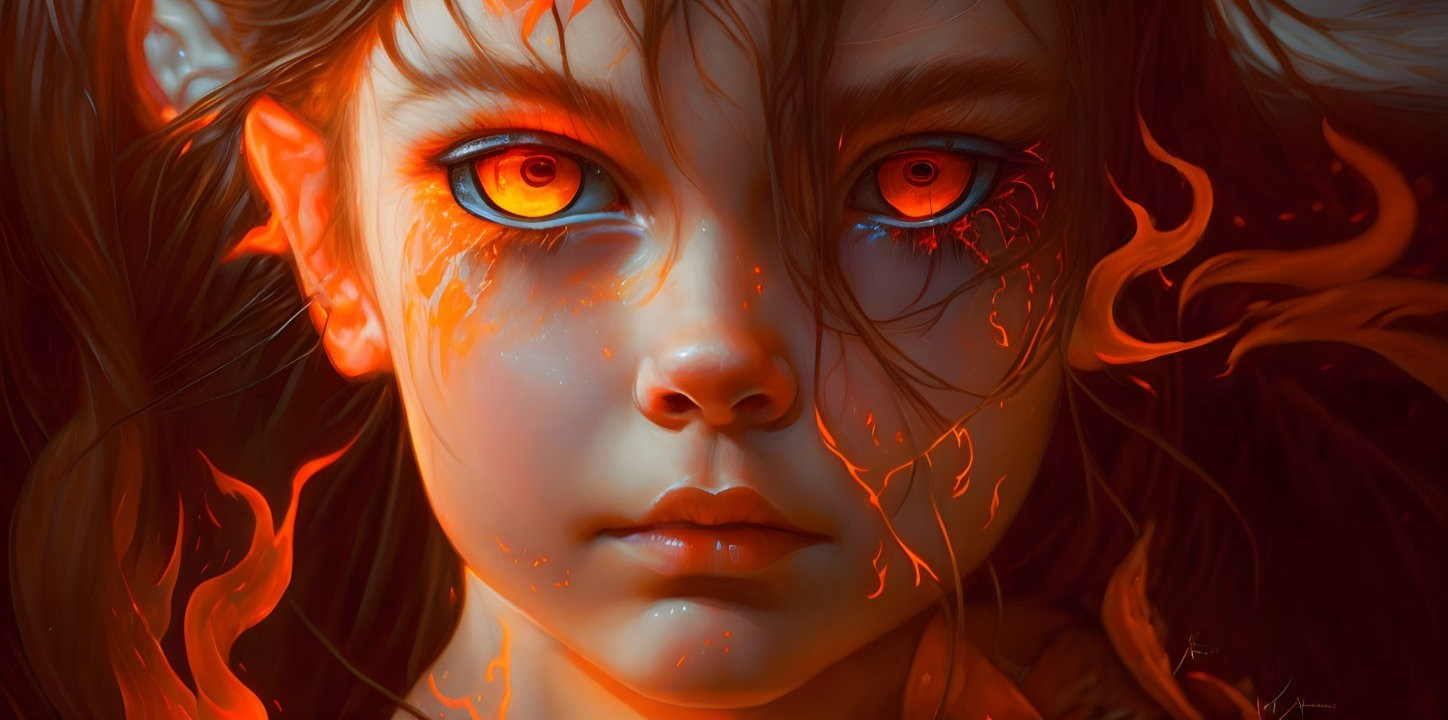 Digital art of young girl with fiery orange eyes and flame-like patterns on skin.