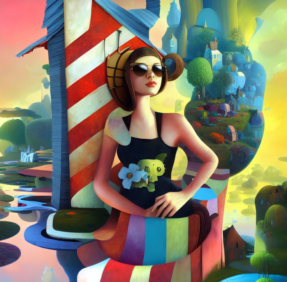 Colorful Landscape with Stylized Woman and Lighthouse