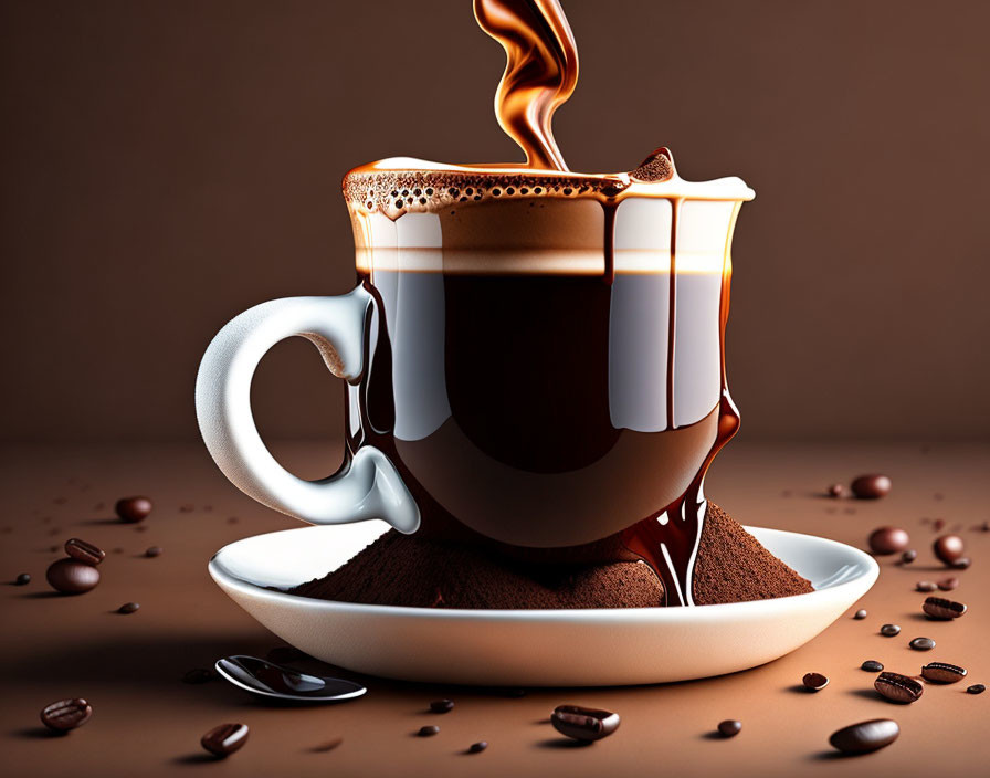 Steaming Cup of Coffee with Creamy Froth, Beans, and Chocolate Background