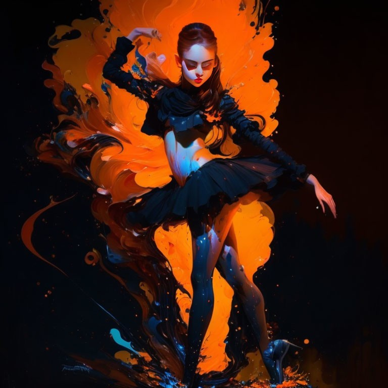 Vibrant dancer in black attire against flowing orange and blue backdrop