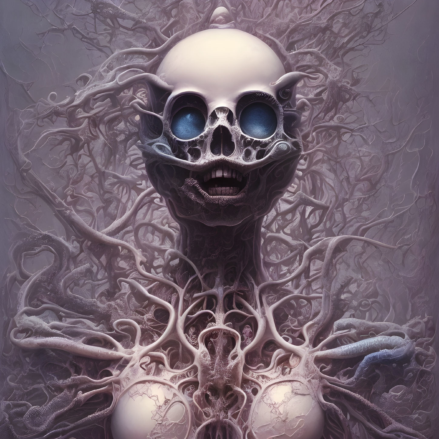 Surreal monochromatic artwork: skull, large eye sockets, intricate tree roots & branches.